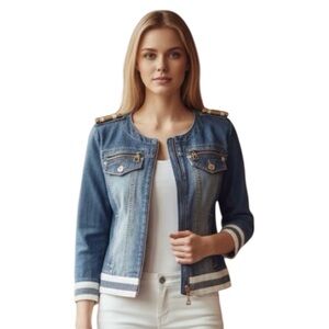 4G By Gizia Denim Jean Zip Up Elbow Length Sleeves Denim Jean Jacket